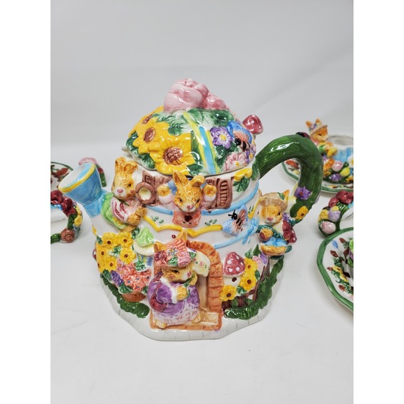 Springtime Tea Set 19pc Set New Open Box Rabbits Bunny Working Set - Picture 12 of 14